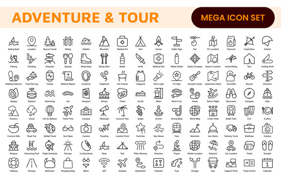 Adventure Icon Set. An exciting collection of icons that captures the spirit of exploration, perfect for travel apps, outdoor websites, and promotional materials for adventure and thrill-seeking.