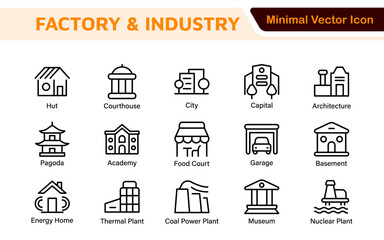 Fototapeta premium Factory Icon Set. A dynamic collection of icons representing manufacturing and industrial processes, perfect for engineering sectors to convey efficiency and innovation.