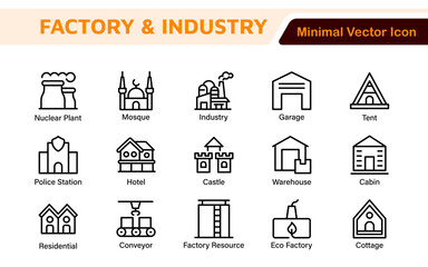 Factory Icon Set. A dynamic collection of icons representing manufacturing and industrial processes, perfect for engineering sectors to convey efficiency and innovation.