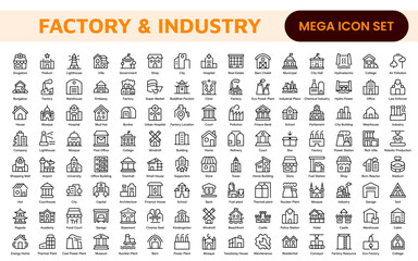 Factory Icon Set. A dynamic collection of icons representing manufacturing and industrial processes, perfect for engineering sectors to convey efficiency and innovation.