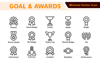 Fototapeta premium Goal and Awards Icon Set. A motivational collection of icons designed to celebrate achievements and aspirations, perfect for personal development, coaching, and recognition.