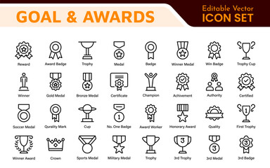 Goal and Awards Icon Set. A motivational collection of icons designed to celebrate achievements and aspirations, perfect for personal development, coaching, and recognition.