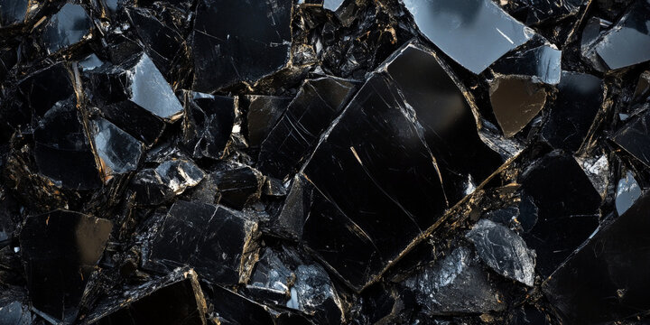 Mysterious obsidian stone background with glossy black and sharp fractured edges, dark and sleek.