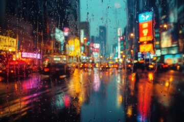 Obraz premium night view of a vibrant city skyline, rain-soaked windowpane creating a blurry effect, with neon lights and street lamps illuminating the urban landscape in a colorful display