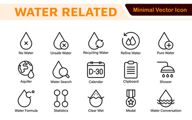 Water Related Icon Set. A refreshing collection of icons showcasing water conservation, aquatic life, and hydration, perfect for water awareness and sustainability.