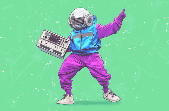 Illustration of male dude walking dancer hold boom box player retro chill have disco ball on head silhouette painted white color green background