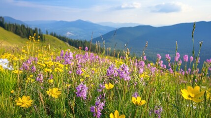 Obraz premium Vibrant Wildflowers Blooming in Scenic Mountain Landscape