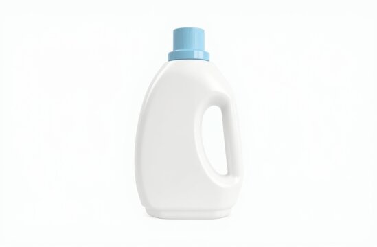 White plastic detergent bottle with blue cap, featuring an ergonomic handle and minimalist design, isolated on a white background