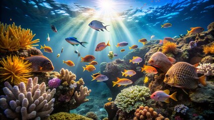 Vibrant Underwater Scene with Colorful Fish and Coral Reef