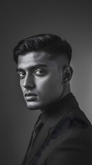 Portrait photograph of an attractive young Indian man, in black and white
