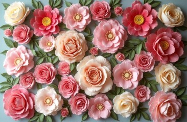 Beautiful arrangement of pink, peach, and ivory sugar flowers with green leaves, creating an elegant decorative floral pattern