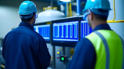 Engineers monitoring water treatment process in industrial chemical plant with data screens