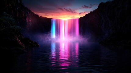Vibrant waterfall illuminated by colorful lights at sunset, reflecting hues on tranquil water