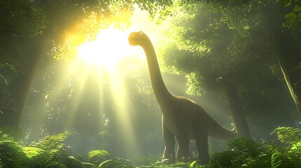 Quaesitosaurus a prehistoric dinosaur walks through a dense lush forest filled with oversized leaves and bioluminescent mushrooms bathed in vibrant captivating lighting in this 3D digital