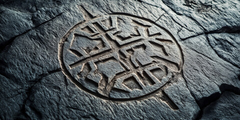 Ancient runic stone background with mysterious carved symbols on weathered gray rock.