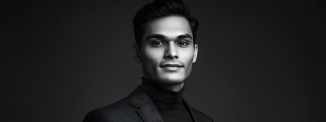 Portrait photograph of an attractive young Indian man, in black and white
