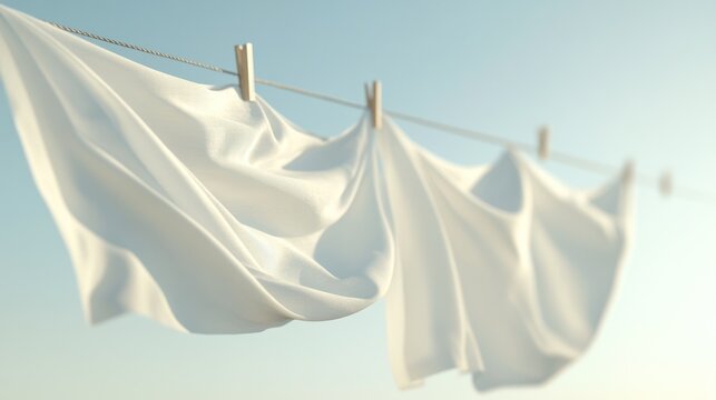 White sheets fluttering gently on a clothesline under a clear blue sky during a sunny afternoon. Generative AI