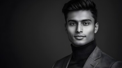 Obraz premium Portrait photograph of an attractive young Indian man, in black and white 