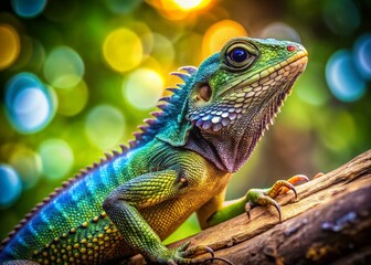 Fototapeta premium Small Water Dragon Descending Branch - Selective Focus Stock Photo