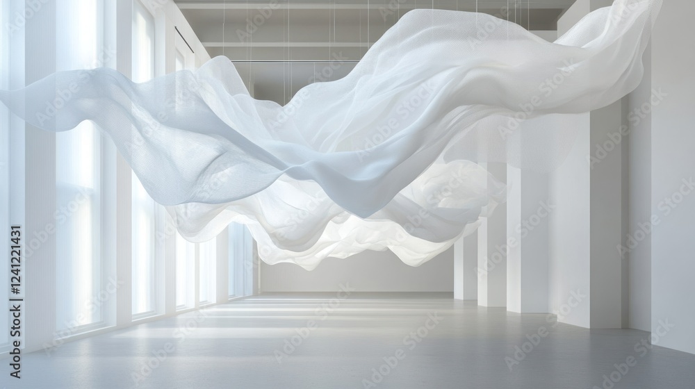 Poster art installation features flowing fabric in spacious gallery illuminated by natural light. generativ