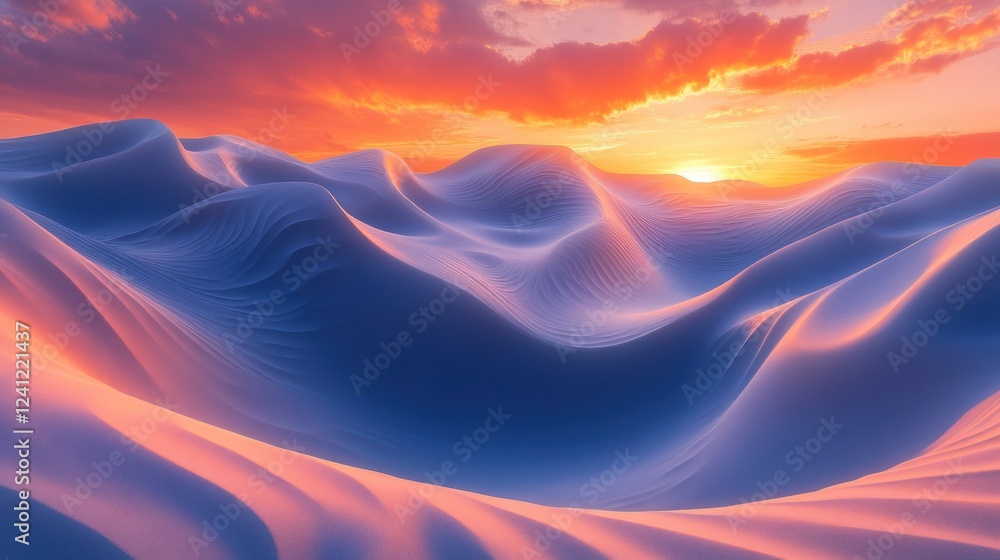 Poster sunset over rolling sand dunes creating a serene and colorful landscape in the desert. generative ai