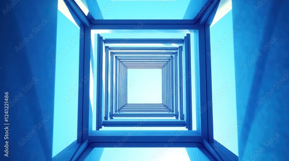 Aufkleber looking up through a geometric architectural structure towards a clear blue sky illuminated by sunli