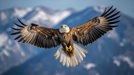 Majestic eagle soaring over mountainous landscape with wings fully extended in bright daylight. Generative AI