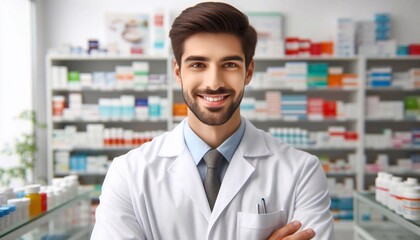 Fototapeta premium Confident pharmacist in white coat in drugstore. Portrait of health expert. Medicines in background are blurred