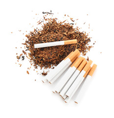 Dry tobacco and cigarettes isolated on white, top view