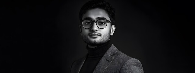 Portrait photograph of an attractive young Indian man, in black and white
