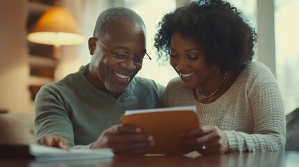 Mature smiling couple sitting and managing expenses at home. Happy mid black man and woman paying bills and managing budget. Middle aged african american couple checking accountancy and bills.