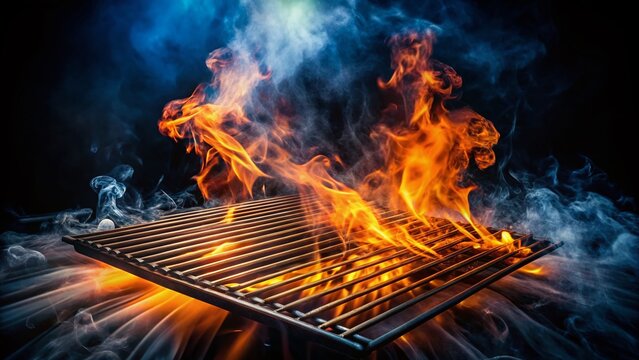 Smoking BBQ Grill on Black Background - Aerial View Stock Photo