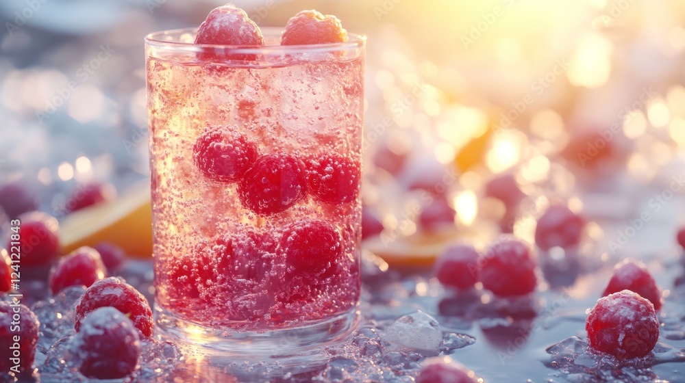 Poster refreshing raspberry drink served over ice during golden hour in summertime. generative ai