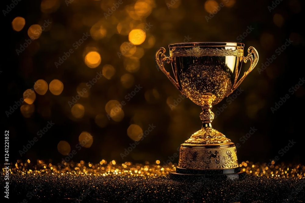 Poster golden trophy with shimmering background and bokeh effect