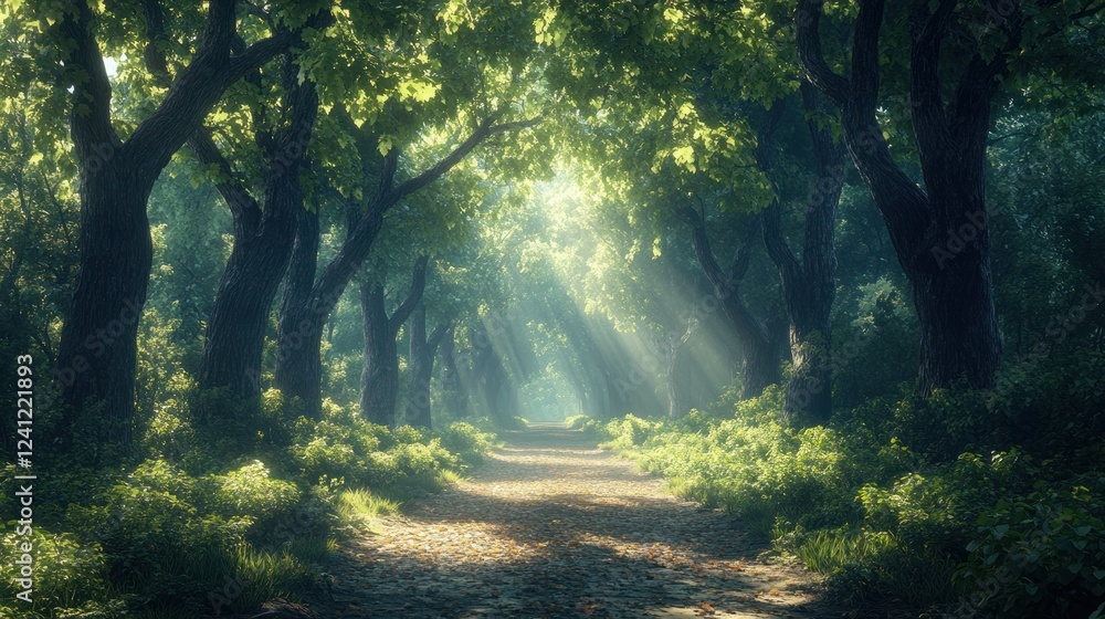Poster sunlight filters through lush green trees in a tranquil forest path during a serene afternoon. gener