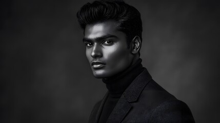 Obraz premium Portrait photograph of an attractive young Indian man, in black and white 
