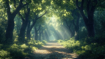 Sunlight filters through lush green trees in a tranquil forest path during a serene afternoon. Generative AI