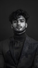 Fototapeta premium Portrait photograph of an attractive young Indian man, in black and white 