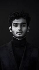 Fototapeta premium Portrait photograph of an attractive young Indian man, in black and white 