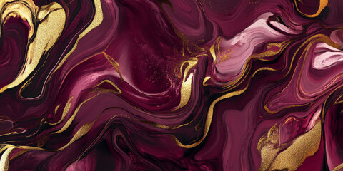 Abstract fluid art in shades of deep burgundy and gold, flowing metallic accents, luxurious modern design, premium aesthetic texture