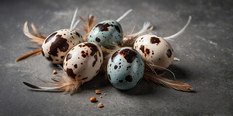Obraz premium Quail eggs arranged on a textured surface with feathers nearby, showcasing their speckled patterns and colors in an artistic way