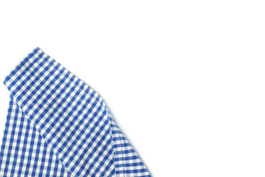 Blue checkered tablecloth isolated on white, top view