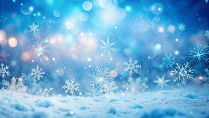 Naklejka premium Soft Blue Winter Wonderland Background: Magical Snowflakes & Bokeh Lights