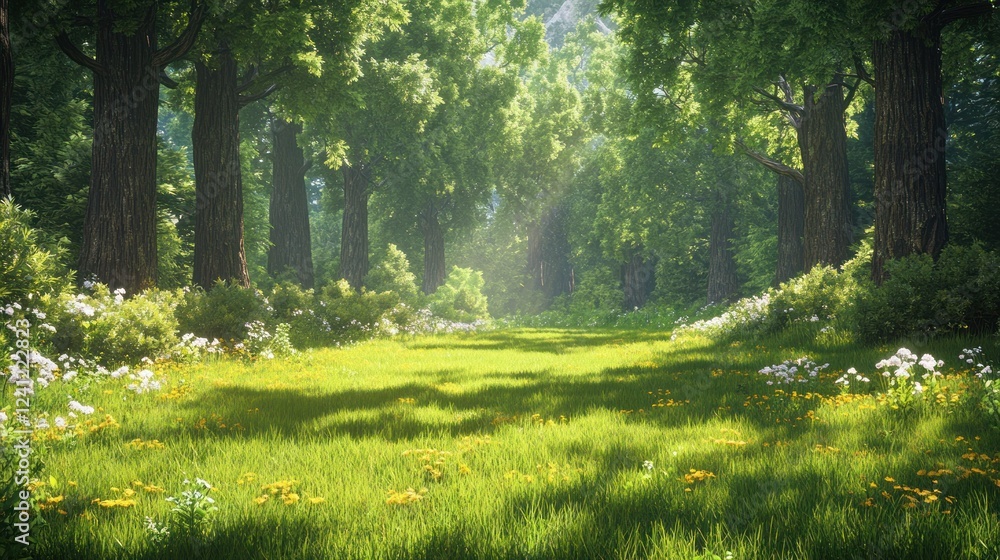 Aufkleber sunlight filters through lush green trees in a serene forest path during early morning hours. genera