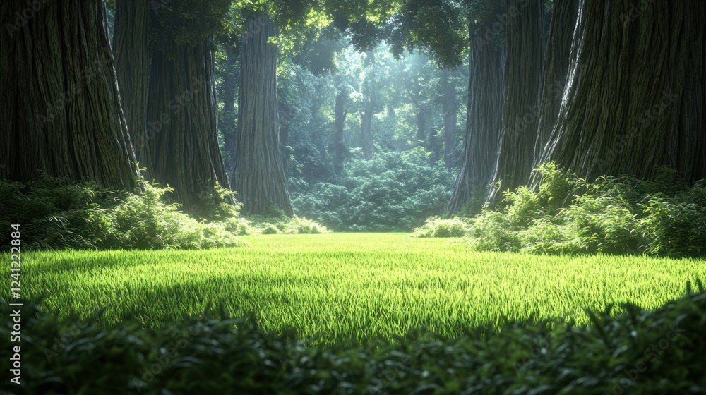 Aufkleber lush green meadow surrounded by towering trees in a serene forest setting during daytime. generative
