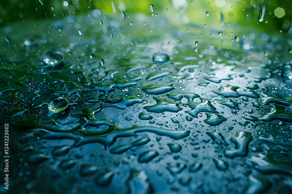 Poster raindrops on dark glass surface create abstract patterns with bokeh effect in green and blue tones, 