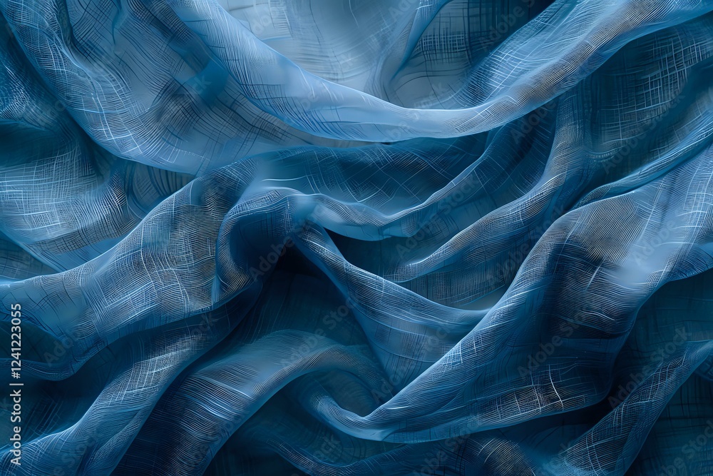 Poster flowing blue fabric with delicate texture creates abstract waves and folds, capturing light and shad