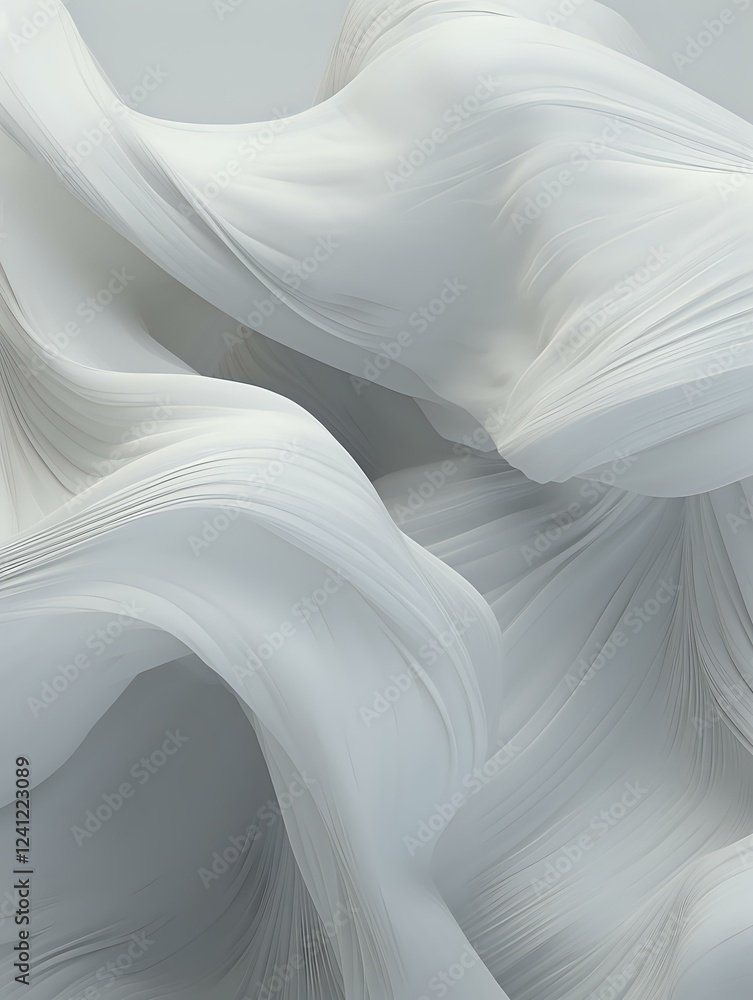Poster flowing white fabric waves create elegant abstract curves and folds against light gray background, c