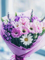 Lavender and pink flower bouquet in purple wrapping.