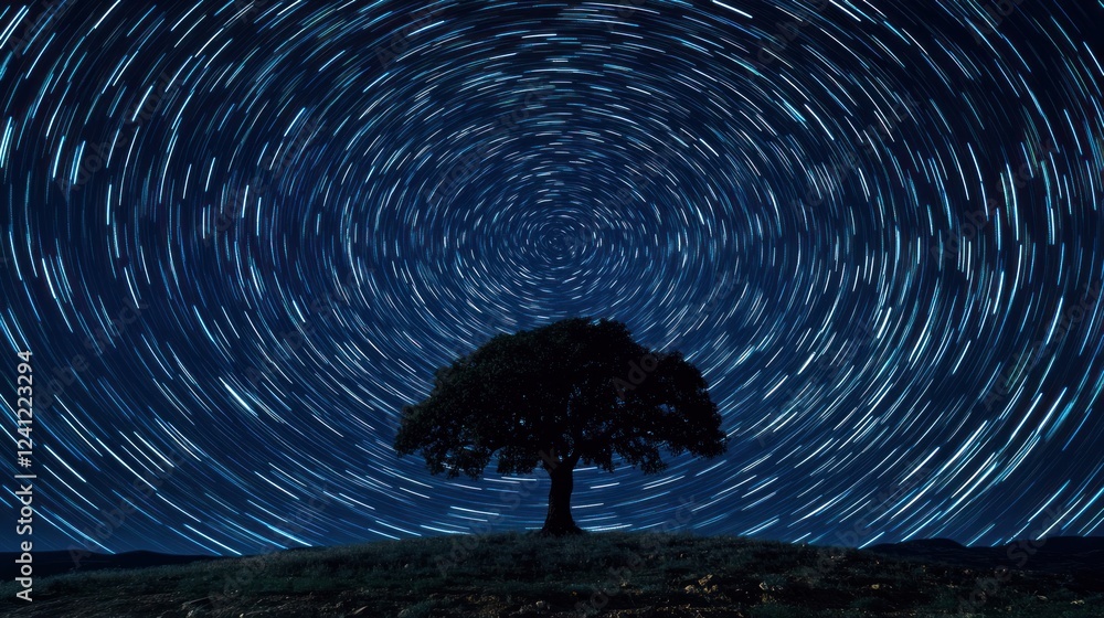 Poster star trails swirl above a solitary tree on a dark hill at night creating a mesmerizing view. generat